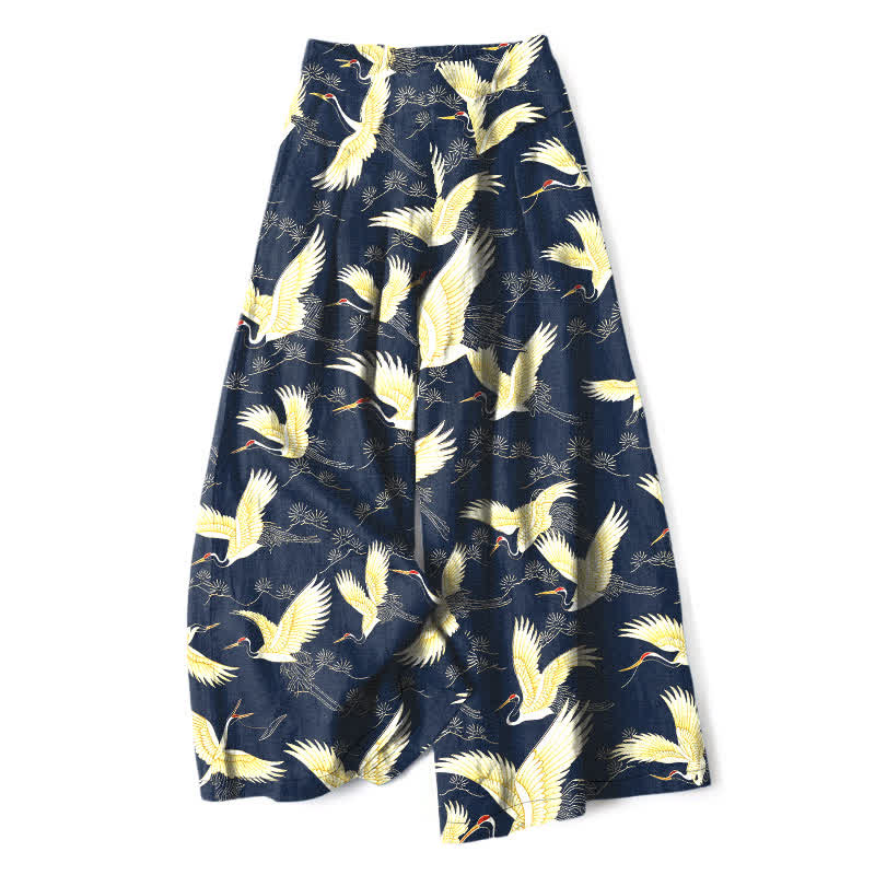 Buddha Stones Pantaloni da donna a gamba larga con elastico in vita e tasche, in cotone e lino, con motivo gru dorate. - Marina - US16, UK/AU20, EU48 (3XL) - image 0