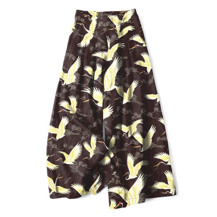 Buddha Stones Pantaloni da donna a gamba larga con elastico in vita e tasche, in cotone e lino, con motivo gru dorate. - Marrone sella - US16, UK/AU20, EU48 (3XL) - image 4