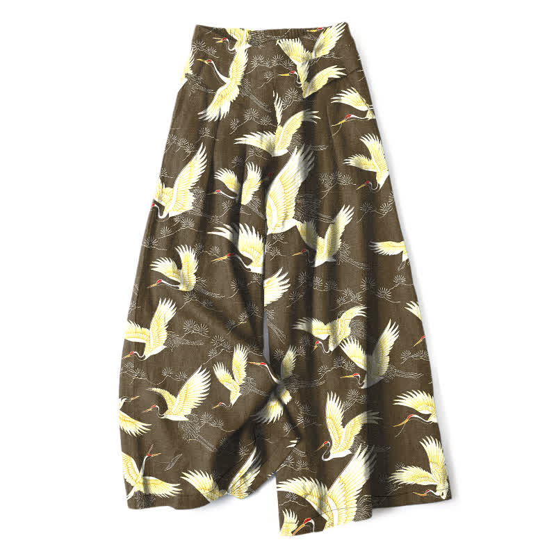 Buddha Stones Pantaloni da donna a gamba larga con elastico in vita e tasche, in cotone e lino, con motivo gru dorate. - Cachi scuro - US16, UK/AU20, EU48 (3XL) - image 6