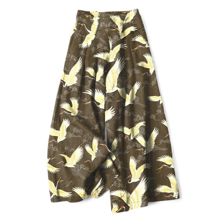 Buddha Stones Pantaloni da donna a gamba larga con elastico in vita e tasche, in cotone e lino, con motivo gru dorate. - Cachi scuro - US16, UK/AU20, EU48 (3XL) - image 6