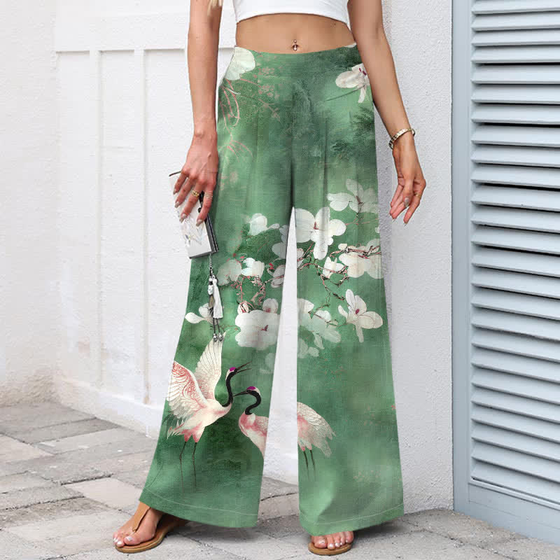 Buddha Stones Pantaloni da donna in cotone e lino con stampa floreale bianca e vita elasticizzata, gamba larga e tasche. - image 1