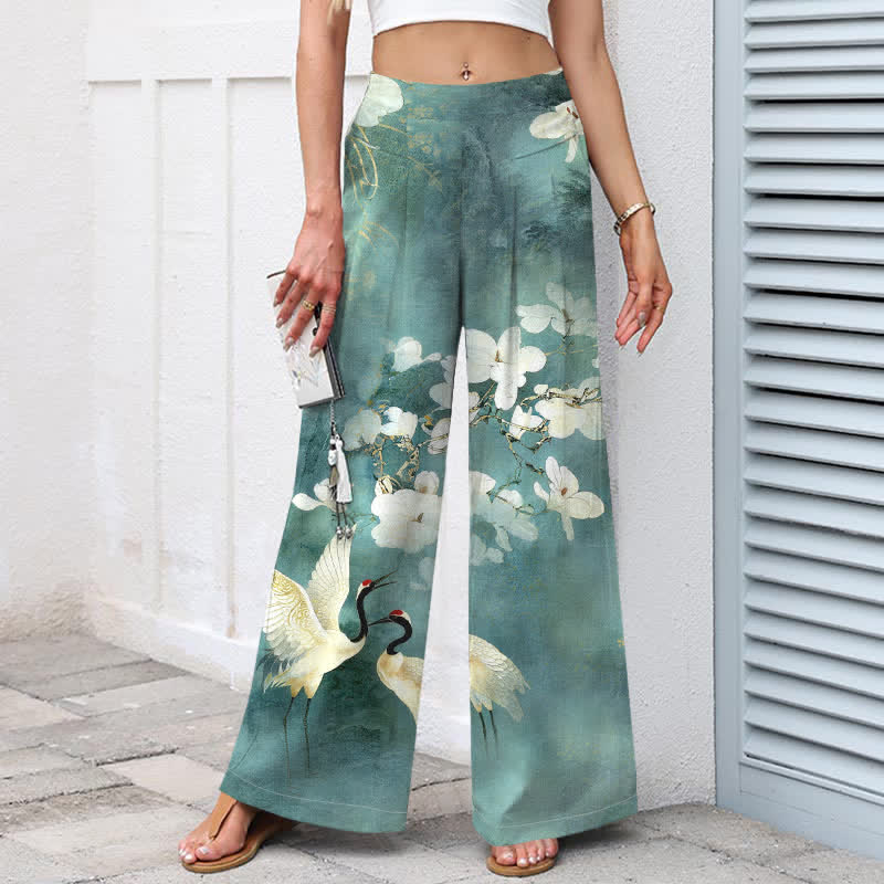 Buddha Stones Pantaloni da donna in cotone e lino con stampa floreale bianca e vita elasticizzata, gamba larga e tasche. - image 5