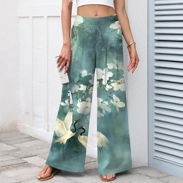 Buddha Stones Pantaloni da donna in cotone e lino con stampa floreale bianca e vita elasticizzata, gamba larga e tasche. - image 5