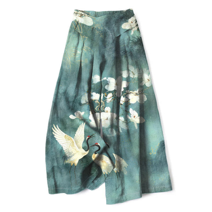 Buddha Stones Pantaloni da donna in cotone e lino con stampa floreale bianca e vita elasticizzata, gamba larga e tasche. - Cadetto Blu - US16, UK/AU20, EU48 (3XL) - image 4