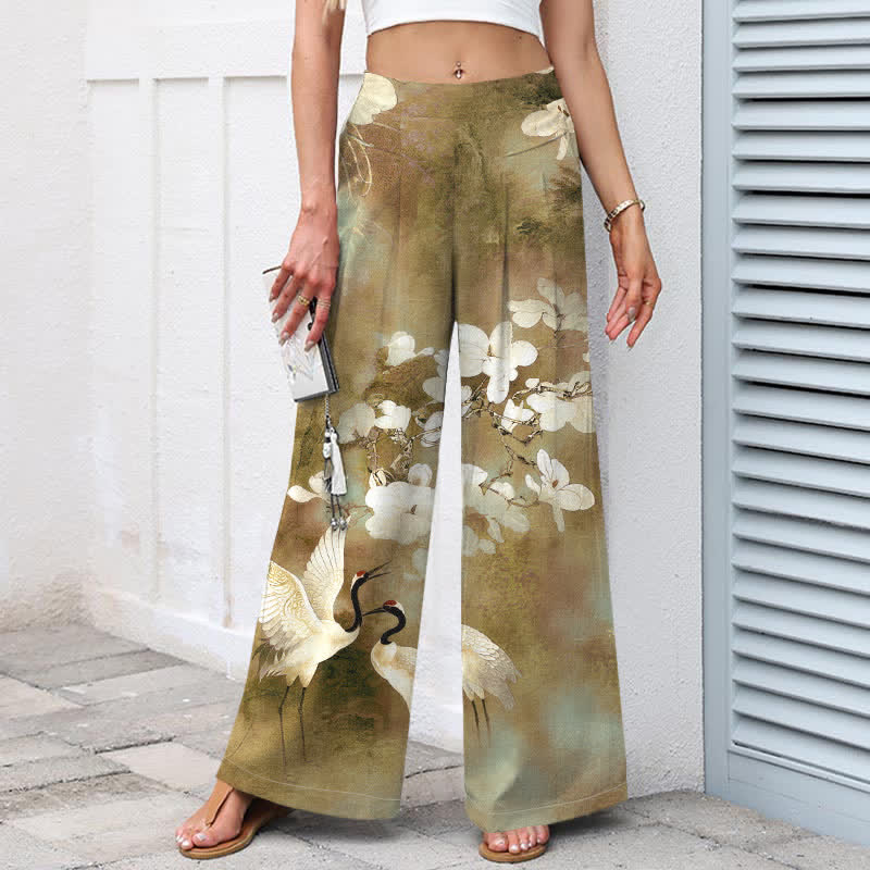 Buddha Stones Pantaloni da donna in cotone e lino con stampa floreale bianca e vita elasticizzata, gamba larga e tasche. - image 7