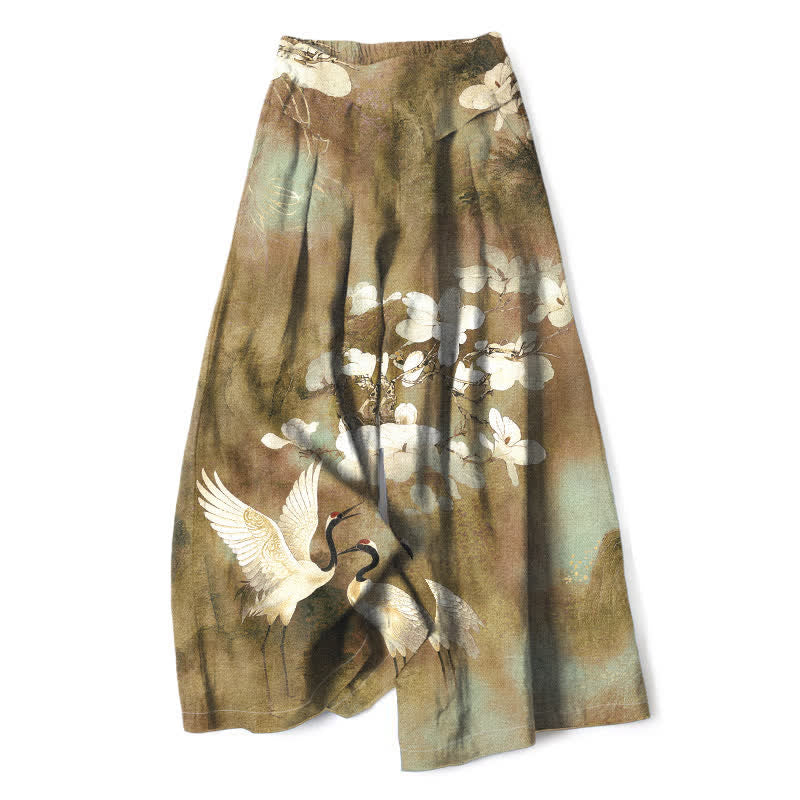Buddha Stones Pantaloni da donna in cotone e lino con stampa floreale bianca e vita elasticizzata, gamba larga e tasche. - Cachi scuro - US16, UK/AU20, EU48 (3XL) - image 6