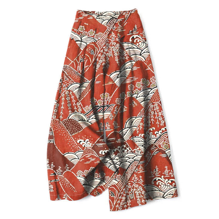 Buddha Stones Pantaloni da donna in cotone e lino con motivo a onde giapponesi, gamba larga e vita elasticizzata, con tasche. - Rosso Indiano - US16, UK/AU20, EU48 (3XL) - image 0