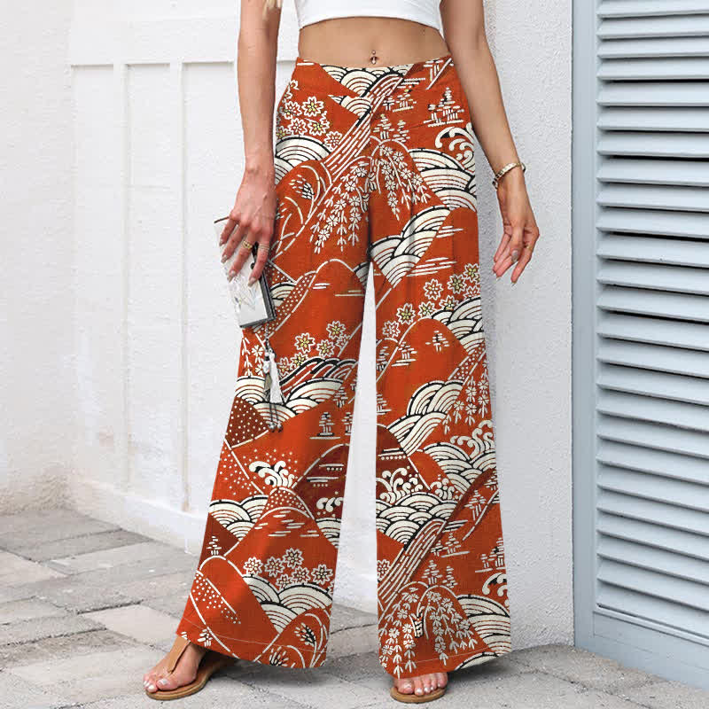 Buddha Stones Pantaloni da donna in cotone e lino con motivo a onde giapponesi, gamba larga e vita elasticizzata, con tasche. - image 1