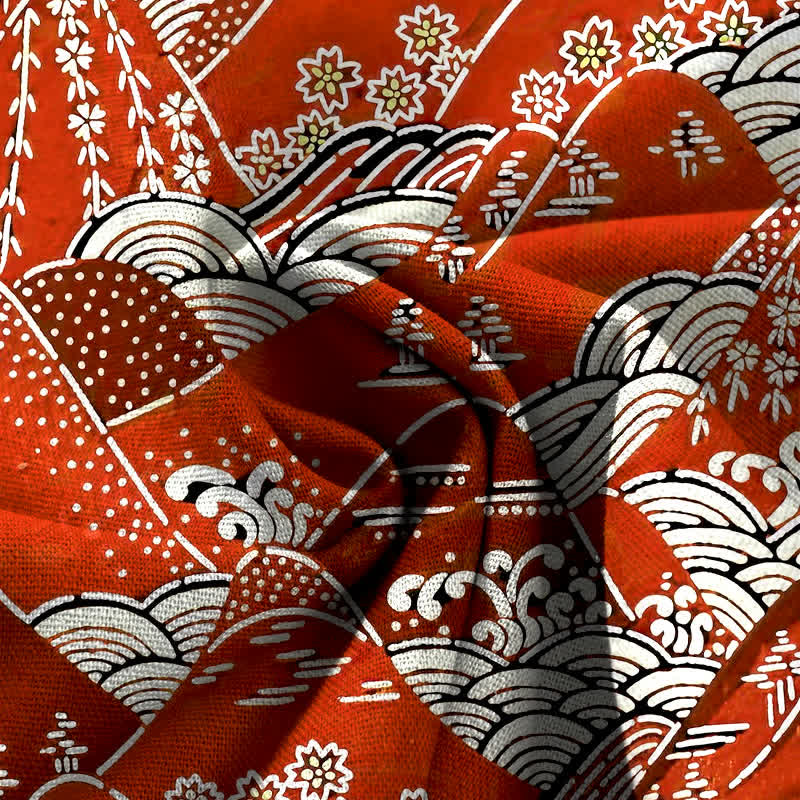 Buddha Stones Pantaloni da donna in cotone e lino con motivo a onde giapponesi, gamba larga e vita elasticizzata, con tasche. - image 3