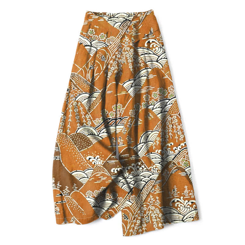 Buddha Stones Pantaloni da donna in cotone e lino con motivo a onde giapponesi, gamba larga e vita elasticizzata, con tasche. - Verga d'oro - US16, UK/AU20, EU48 (3XL) - image 4