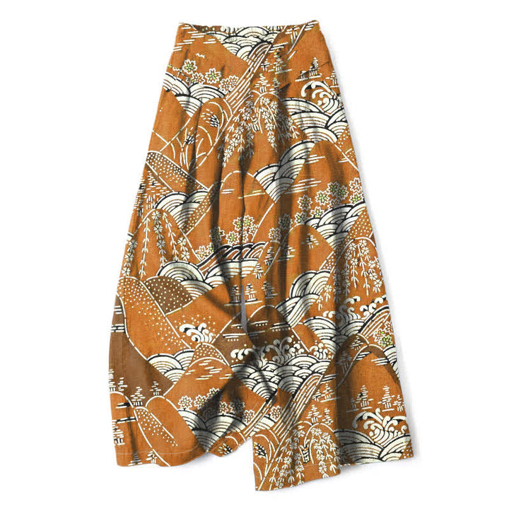 Buddha Stones Pantaloni da donna in cotone e lino con motivo a onde giapponesi, gamba larga e vita elasticizzata, con tasche. - Verga d'oro - US16, UK/AU20, EU48 (3XL) - image 4