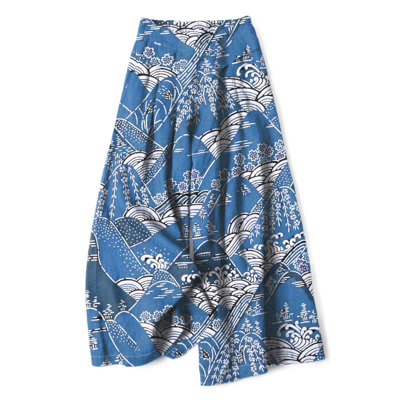 Buddha Stones Pantaloni da donna in cotone e lino con motivo a onde giapponesi, gamba larga e vita elasticizzata, con tasche. - Blu fiordaliso - US16, UK/AU20, EU48 (3XL) - image 6