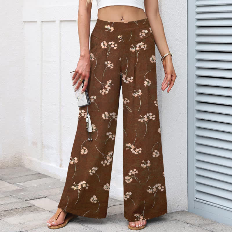 Buddha Stones Pantaloni da donna in cotone e lino con elastico in vita e gamba larga, fantasia floreale a bouquet, con tasche. - image 1