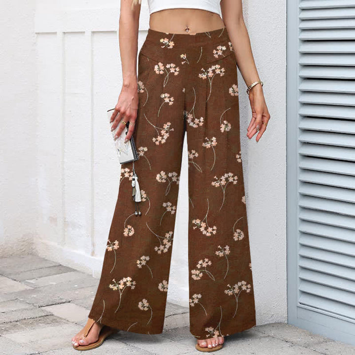 Buddha Stones Pantaloni da donna in cotone e lino con elastico in vita e gamba larga, fantasia floreale a bouquet, con tasche. - image 1