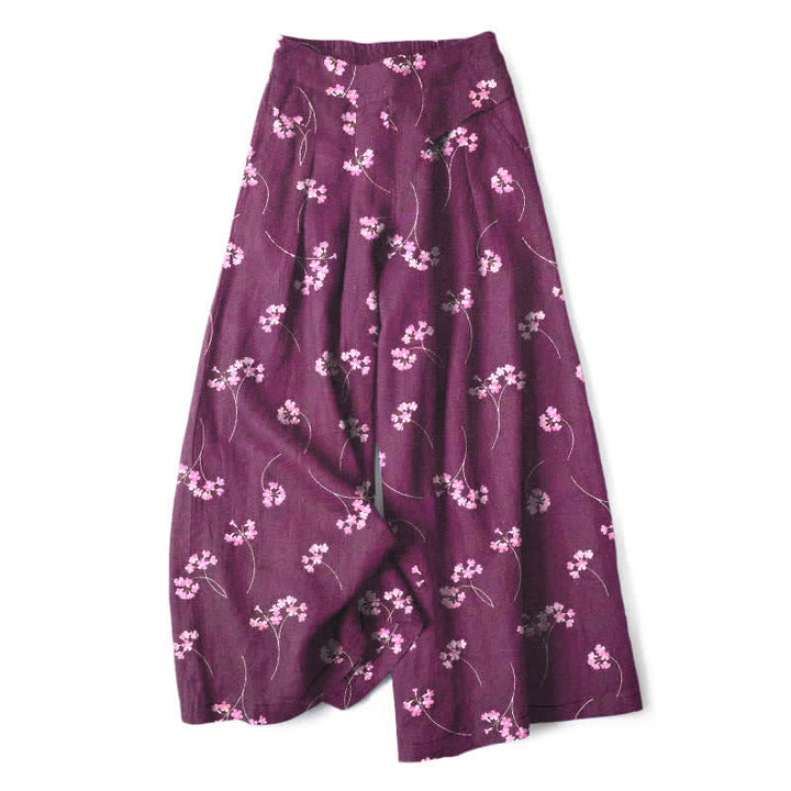 Buddha Stones Pantaloni da donna in cotone e lino con elastico in vita e gamba larga, fantasia floreale a bouquet, con tasche. - Viola - US16, UK/AU20, EU48 (3XL) - image 4