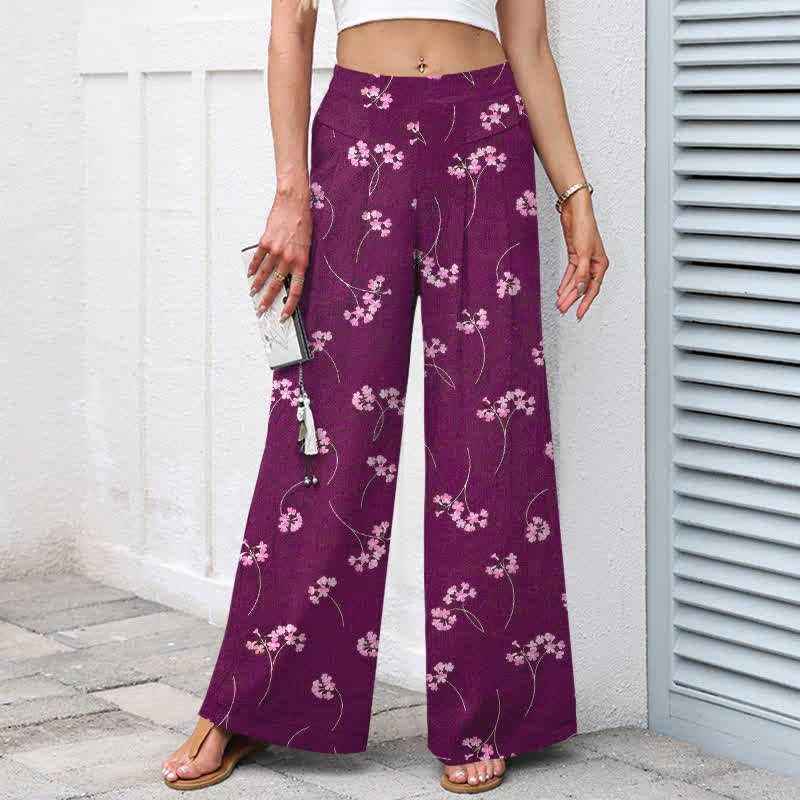 Buddha Stones Pantaloni da donna in cotone e lino con elastico in vita e gamba larga, fantasia floreale a bouquet, con tasche. - image 5