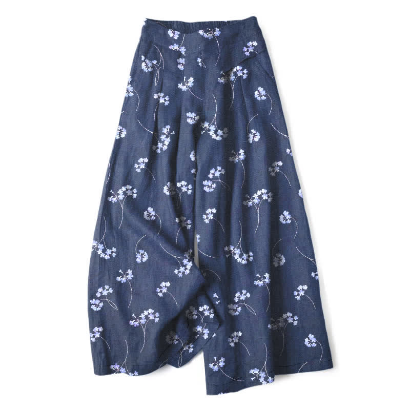 Buddha Stones Pantaloni da donna in cotone e lino con elastico in vita e gamba larga, fantasia floreale a bouquet, con tasche. - SteelBlue - US16, UK/AU20, EU48 (3XL) - image 6