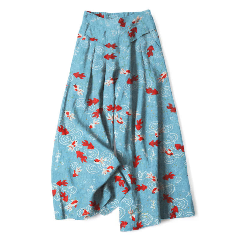 Buddha Stones Pantaloni da donna in cotone e lino con elastico in vita e gamba larga, fantasia con pesci koi e tasche. - Azzurro cielo chiaro - US16, UK/AU20, EU48 (3XL) - image 0