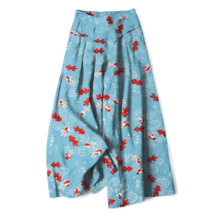 Buddha Stones Pantaloni da donna in cotone e lino con elastico in vita e gamba larga, fantasia con pesci koi e tasche. - Azzurro cielo chiaro - US16, UK/AU20, EU48 (3XL) - image 0
