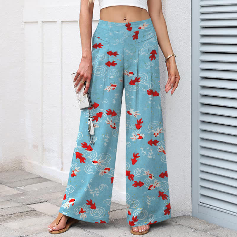 Buddha Stones Pantaloni da donna in cotone e lino con elastico in vita e gamba larga, fantasia con pesci koi e tasche. - image 1