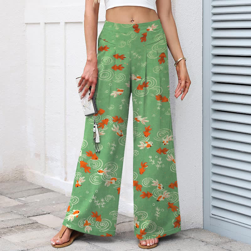 Buddha Stones Pantaloni da donna in cotone e lino con elastico in vita e gamba larga, fantasia con pesci koi e tasche. - image 5