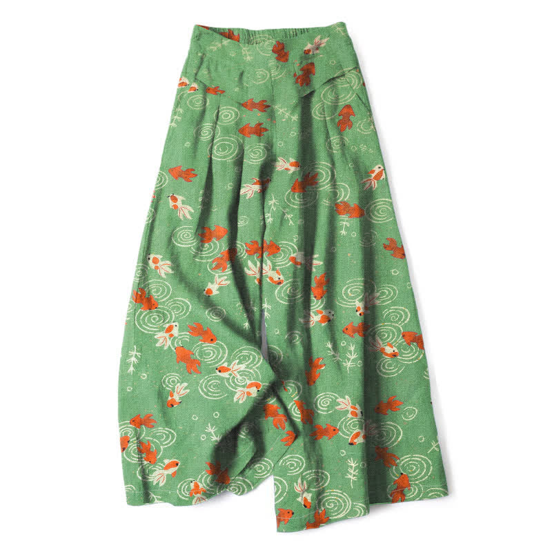 Buddha Stones Pantaloni da donna in cotone e lino con elastico in vita e gamba larga, fantasia con pesci koi e tasche. - Verde lime - US16, UK/AU20, EU48 (3XL) - image 4