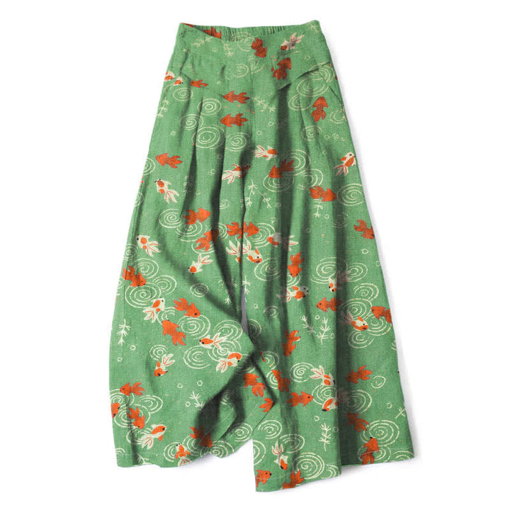 Buddha Stones Pantaloni da donna in cotone e lino con elastico in vita e gamba larga, fantasia con pesci koi e tasche. - Verde lime - US16, UK/AU20, EU48 (3XL) - image 4
