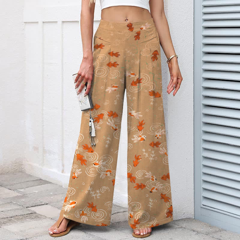 Buddha Stones Pantaloni da donna in cotone e lino con elastico in vita e gamba larga, fantasia con pesci koi e tasche. - image 7