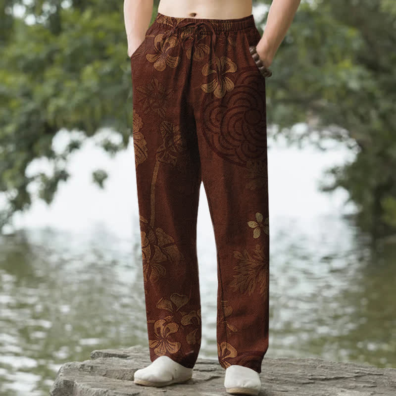 Buddha Stones Pantaloni da uomo affusolati in cotone con fantasia floreale vintage e tasche. - Marrone sella - US/UK/AU50, EU60 (5XL) - image 0