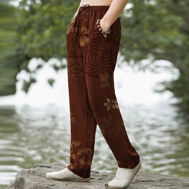 Buddha Stones Pantaloni da uomo affusolati in cotone con fantasia floreale vintage e tasche. - image 1