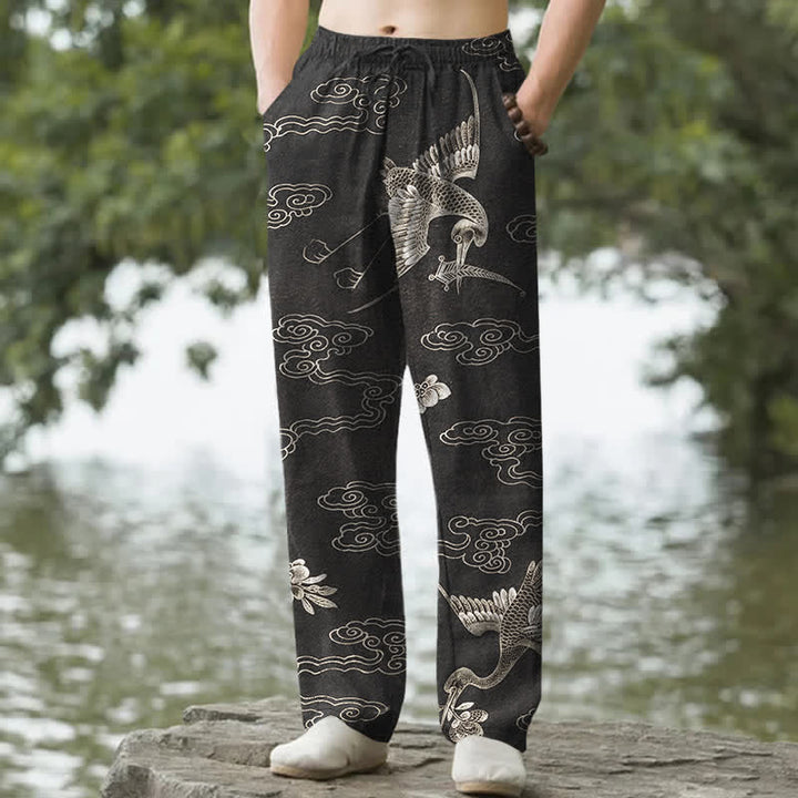 Buddha Stones Pantaloni da uomo affusolati con tasche, in cotone bianco con motivo gru e nuvole di buon auspicio. - Nero - US/UK/AU50, EU60 (5XL) - image 4