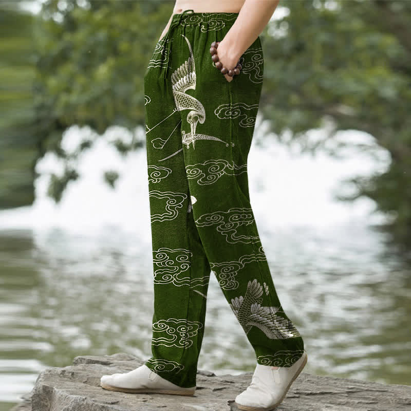 Buddha Stones Pantaloni da uomo affusolati con tasche, in cotone bianco con motivo gru e nuvole di buon auspicio. - image 7