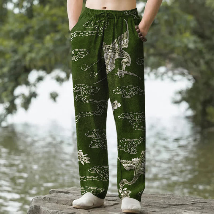 Buddha Stones Pantaloni da uomo affusolati con tasche, in cotone bianco con motivo gru e nuvole di buon auspicio. - Verde oliva scuro - US/UK/AU50, EU60 (5XL) - image 6