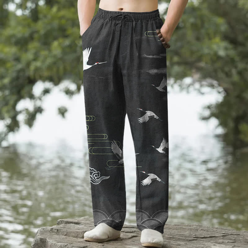 Buddha Stones Pantaloni da uomo affusolati in cotone bianco con motivo a onde e stampa gru, con tasche. - Nero - US/UK/AU50, EU60 (5XL) - image 0
