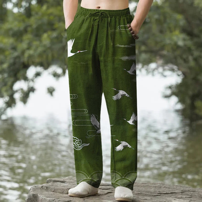 Buddha Stones Pantaloni da uomo affusolati in cotone bianco con motivo a onde e stampa gru, con tasche. - Verde studentesco - US/UK/AU50, EU60 (5XL) - image 4