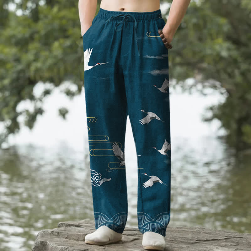 Buddha Stones Pantaloni da uomo affusolati in cotone bianco con motivo a onde e stampa gru, con tasche. - Verde acqua - US/UK/AU50, EU60 (5XL) - image 6