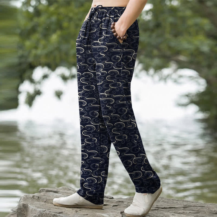 Buddha Stones Pantaloni da uomo affusolati in cotone bianco con motivo a onde e tasche. - image 1