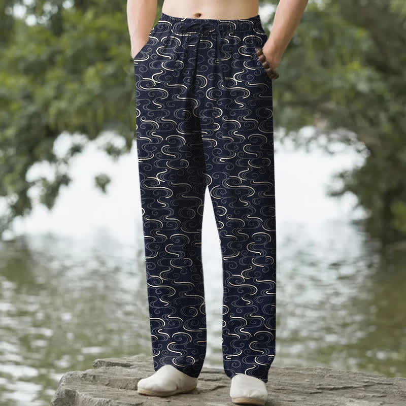 Buddha Stones Pantaloni da uomo affusolati in cotone bianco con motivo a onde e tasche. - Marina - US/UK/AU50, EU60 (5XL) - image 0