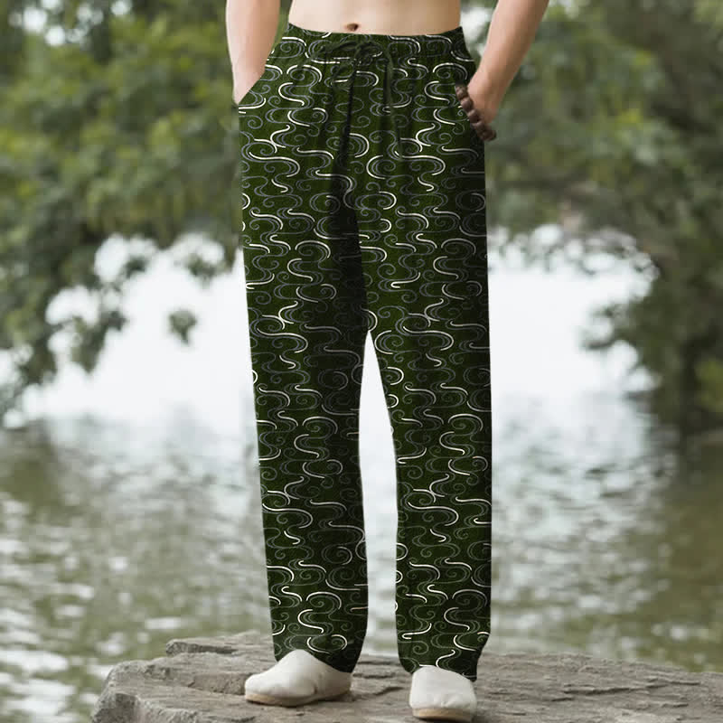 Buddha Stones Pantaloni da uomo affusolati in cotone bianco con motivo a onde e tasche. - Verde oliva scuro - US/UK/AU50, EU60 (5XL) - image 4