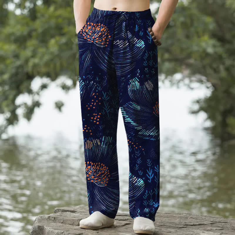 Buddha Stones Pantaloni da uomo affusolati in cotone con fantasia floreale e tasche. - Marina - US/UK/AU50, EU60 (5XL) - image 0