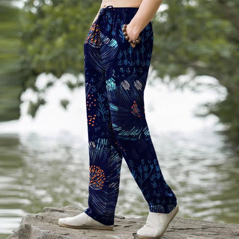 Buddha Stones Pantaloni da uomo affusolati in cotone con fantasia floreale e tasche. - image 1