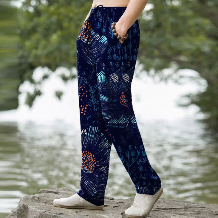 Buddha Stones Pantaloni da uomo affusolati in cotone con fantasia floreale e tasche. - image 1