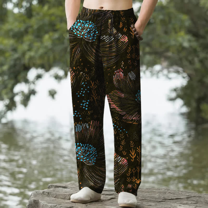 Buddha Stones Pantaloni da uomo affusolati in cotone con fantasia floreale e tasche. - Nero - US/UK/AU50, EU60 (5XL) - image 4