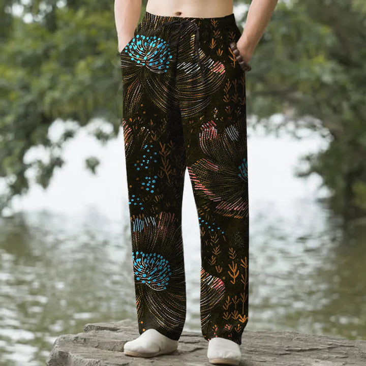 Buddha Stones Pantaloni da uomo affusolati in cotone con fantasia floreale e tasche. - Nero - US/UK/AU50, EU60 (5XL) - image 4