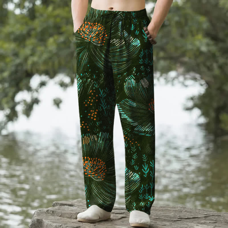 Buddha Stones Pantaloni da uomo affusolati in cotone con fantasia floreale e tasche. - Verde scuro - US/UK/AU50, EU60 (5XL) - image 6