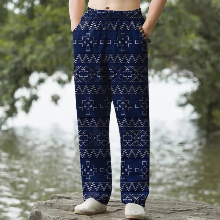 Buddha Stones Pantaloni da uomo affusolati in cotone bianco con motivo geometrico tribale e tasche. - Marina - US/UK/AU50, EU60 (5XL) - image 4