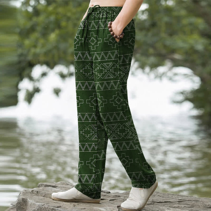 Buddha Stones Pantaloni da uomo affusolati in cotone bianco con motivo geometrico tribale e tasche. - image 7