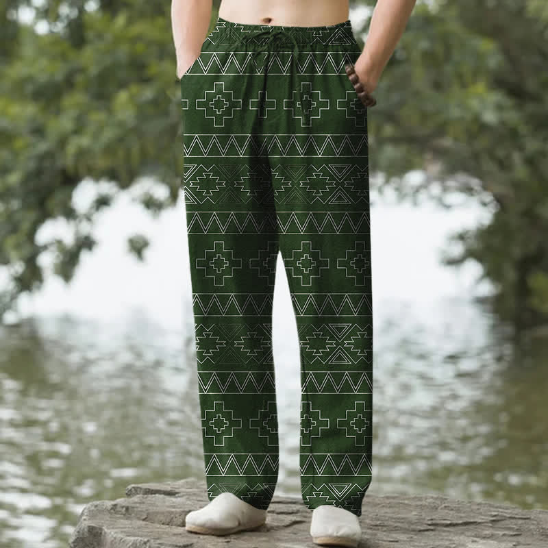 Buddha Stones Pantaloni da uomo affusolati in cotone bianco con motivo geometrico tribale e tasche. - Verde studentesco - US/UK/AU50, EU60 (5XL) - image 6