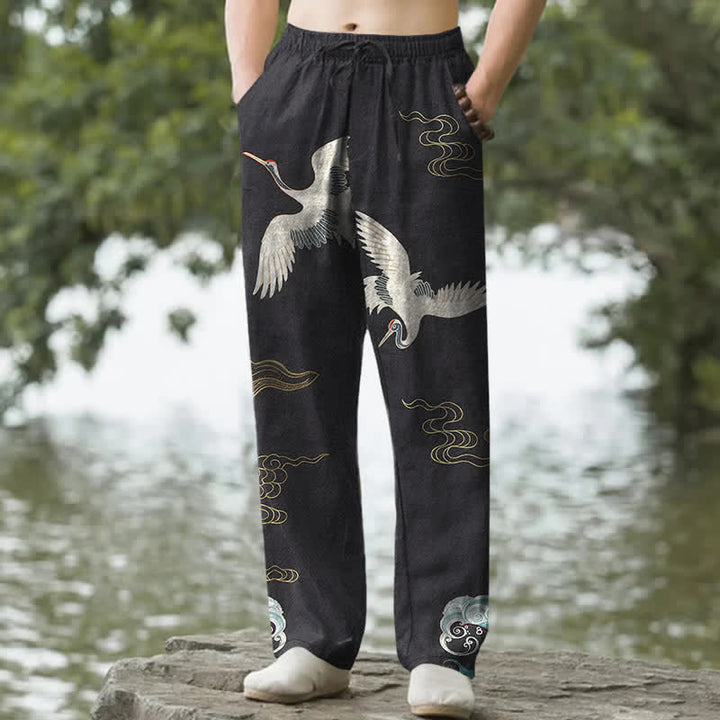 Buddha Stones Pantaloni da uomo affusolati con tasche, in cotone, con stampa di nuvole, gru e onde oceaniche. - Nero - US/UK/AU50, EU60 (5XL) - image 0