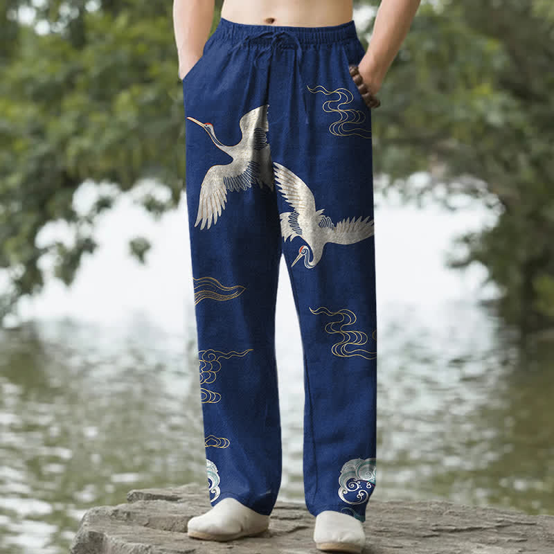 Buddha Stones Pantaloni da uomo affusolati con tasche, in cotone, con stampa di nuvole, gru e onde oceaniche. - Marina - US/UK/AU50, EU60 (5XL) - image 4